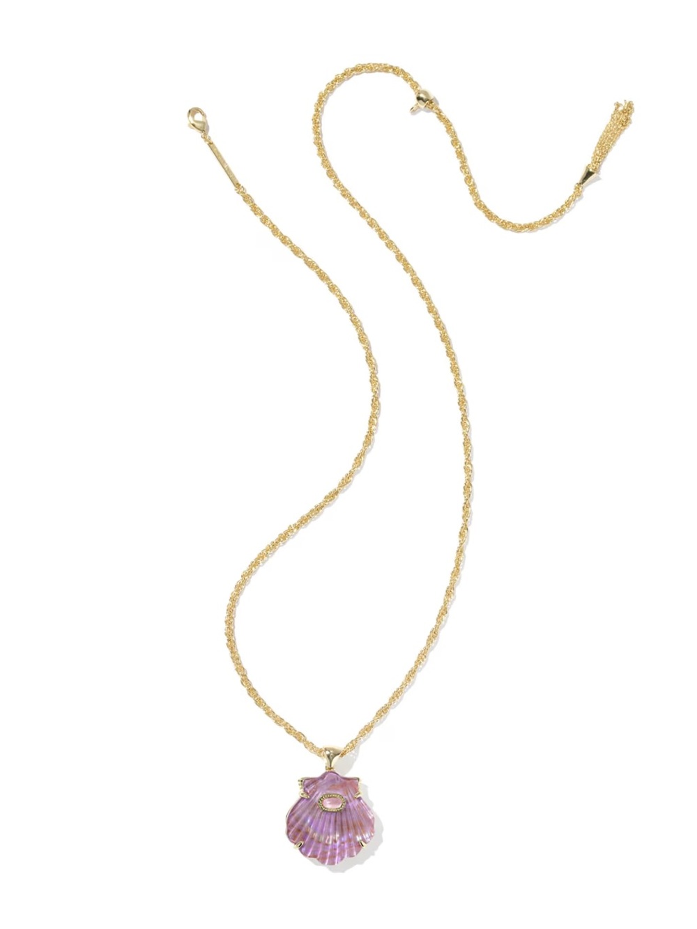 NWT and yellow gift box, Kendra Scott Gold Shell Pendant Necklace, lavender.